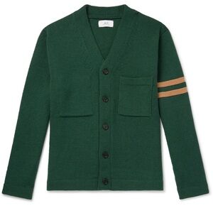 Mr. P 100% Merino Wool Green Cardigan Sweater with Tan Stripes